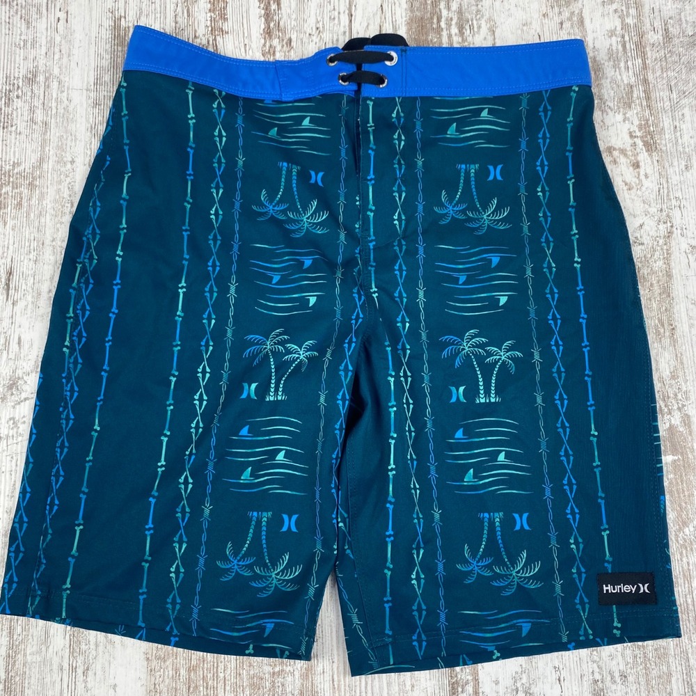 Hurley Boys Palm Stripe Board Shorts Youth 16/28 Teal‎ Blue Stretch Swim Trunks